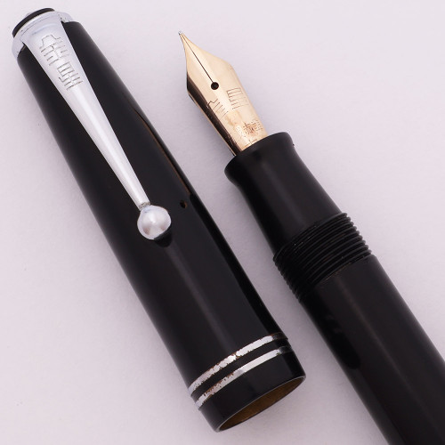 Chinese Fountain Pen (1940s) - Black w Steel Trim, Button Fill, Extra-Fine Gold Nib (Very Nice, Restored)