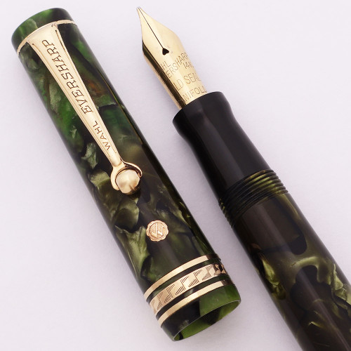 Wahl Gold Seal Fountain Pen - "Soldier" Roller Clip, Brazilian Green, Fine Manifold Gold Seal Nib  (Very Nice, Restored)