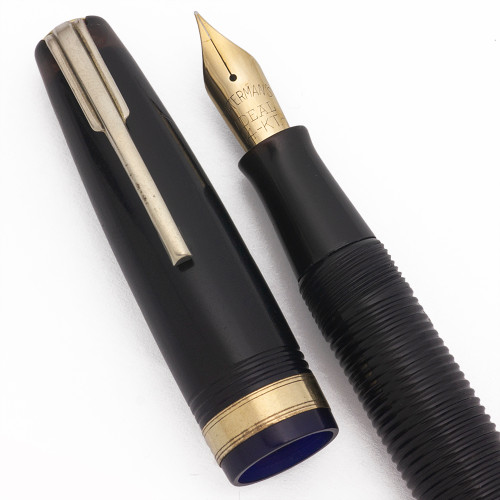 Waterman Hundred Year Pen "Lady" Size (1940s) - Ribbed Blue, Red End, Lever Filler, Extra Fine Ideal 14k Nib (Excellent, Restored)