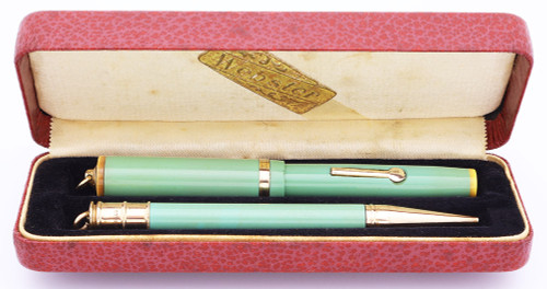 Webster Junior Fountain Pen Set (1930s-40s) - Green , Ringtop, Lever Filler, Medium 14k Semi-Flex Nib (Very Nice in Box, Restored)