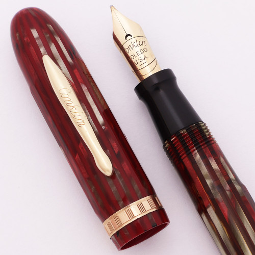 Conklin Nozac Pen Line Quick-Fill Fountain Pen (1930s) - Red Pearl Striated, Small Size, Plunger Fill, Fine Semi-Flex Nib (Excellent, Restored)