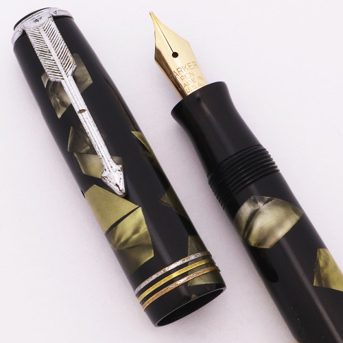 Parker Deluxe Challenger (1935) - Grey Marble w Nickel Trim, Button Filler, Fine Flexible Parker Nib (Very Nice, Restored)