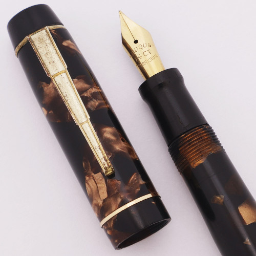 The Unique Pen (UK, 1940s) - Brown Marble, 14k EF Flex Nib (Excellent, Restored)