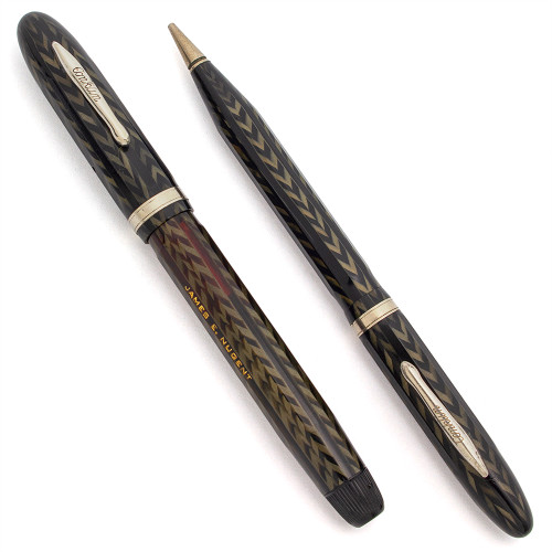 Conklin Nozac Fountain Pen and Pencil Set (1930s) - Faceted, Grey V-Line Herringbone,  Piston Filler, Fine 14k Cushion Point Nib (Excellent, Restored)