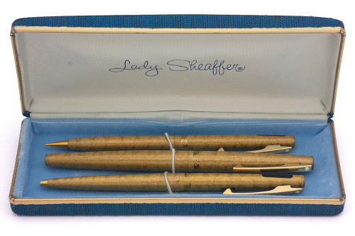 Lady Sheaffer Stylist 3pc Set - FP/BP/MP (1968), Moire Gold, C/C, Fine 14k Triumph Nib (Near Mint in Box, Works Well)