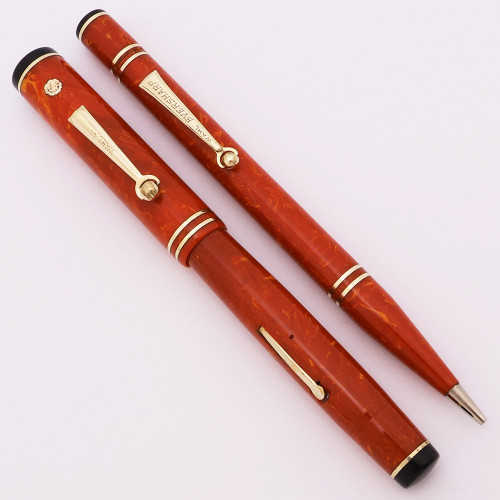 Eversharp Gold Seal Fountain Pen Set (1930s) - Coral, Full Size, Lever Filler, 14k Manifold Nib (Excellent +, Restored)