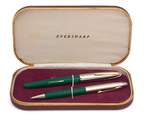Eversharp Symphony 500 Fountain Pen Set  (Loewy First Version, 1948-49) - Green w/Steel Cap & GT, Lever Filler , Manifold Fine 14k Nib (New Old Stock in Box, Restored)