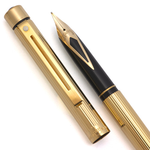 Sheaffer Targa 1065S Fountain Pen (1980s) - Gold Fluted w Opal,  C/C, 14k Medium Inlaid Nib (Near Mint, Works Well)