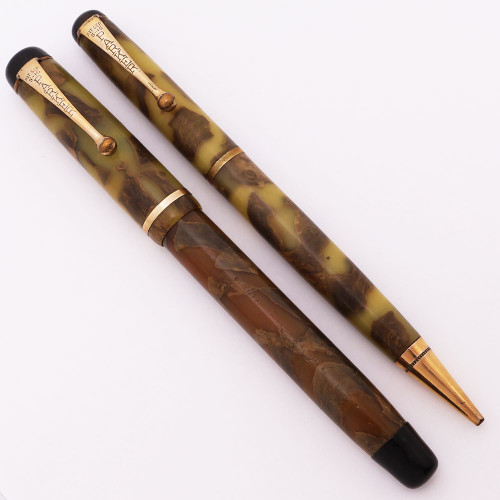 Parker Thrift Time, Depression Era Fountain Pen Set (1930s) - Cream & Gold, Button Filler, Lucky Curve Medium Nib (Very Nice, Restored)