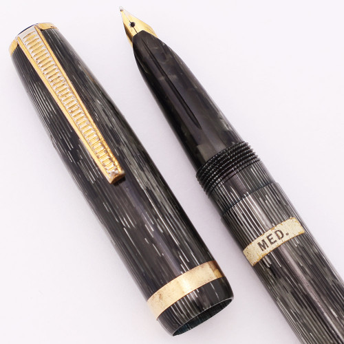 Webster Fountain Pen (1930s) - Grey Striated Celluloid, Lever Filler, Semi-Hooded Medium GP Nib (Very Nice, Restored)