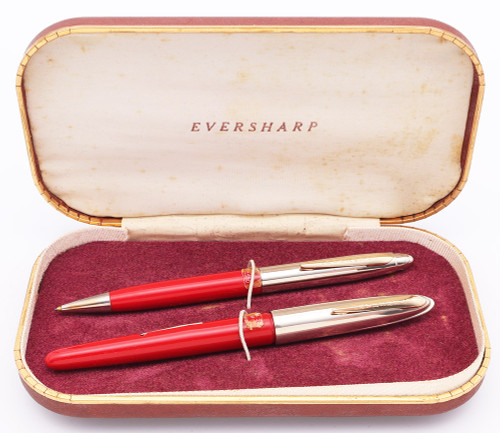 Eversharp Symphony 500 (Loewy First Version) Fountain Pen and Pencil Set (1948-49) - Red w Chrome Caps, Manifold Medium 14k Nib (Excellent + in Box, Restored)