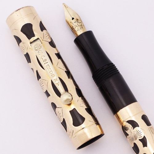 Salz Bros Fountain Pen (1920s-30s) - Gold Filigree Overlay on Black Hard Rubber, Medium Flexible 14k Nib (Excellent, Restored)