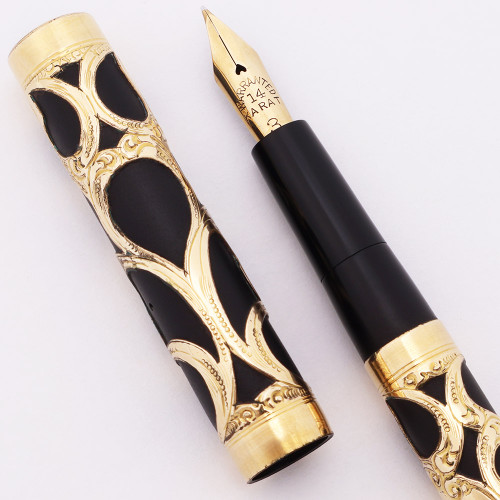 Unknown Eyedropper Fountain Pen - Gold Filigree over BHR, Flexible Fine 14k Warranted Nib (Excellent, Restored)