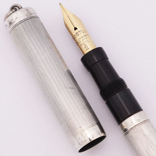 Boston Pen Co. Fountain Pen - Sterling Silver w Lined Pattern, Ring Top, Eyedropper, Flexible Fine Nib (Excellent, Works Well)