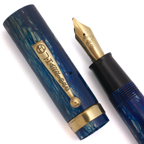 J. Harris & Co. Fountain Pen (1920s) - Blue w White Striation, Lever Fill, Medium Flexible 14k #8 Nib (Excellent, Restored)