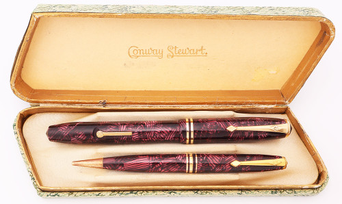 Conway Stewart 24 Fountain Pen Set (England, 1950s) - Burgundy Hatched, Lever Filler, Fine Flex 14k Nib (Excellent in Box, Restored)