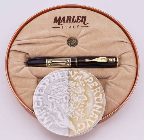 Marlen Aureus Fountain Pen (Italy, 2002) - Brown &  Blue Marbled Resin w Bronze Trim, Coin Filler, 18k Fine Nib (Near Mint in Box, Works Well)