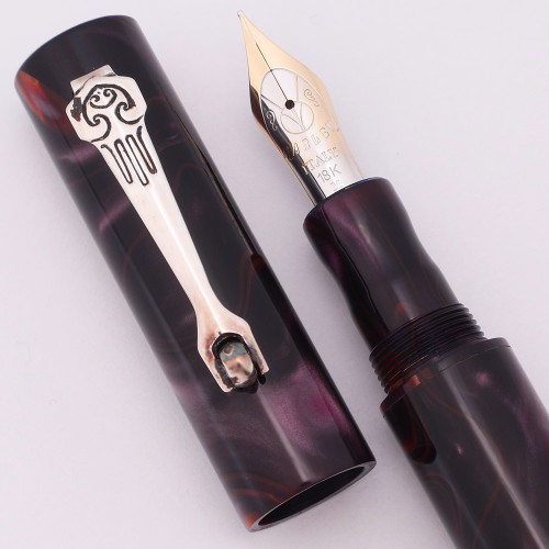 Marlen Eclisse Sombrero Fountain Pen (Italy) - Brown & Purple Swirls, Silver Clip , C/C, 18k Medium Two-Tone Nib (Excellent +, Works Well)