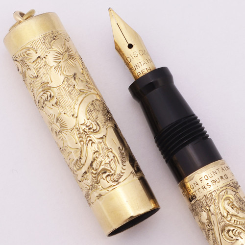 Edison Pen Co Ring-Top Fountain Pen (1920-30s) - Gold-Filled Engraved, Lever Filler, Medium Flexible Nib (Excellent, Restored) Edison Pen Co Ring-Top Fountain Pen (1920-30s) - Gold-Filled Engraved, Lever Filler, Medium Flexible Nib (Excellent, Restored)