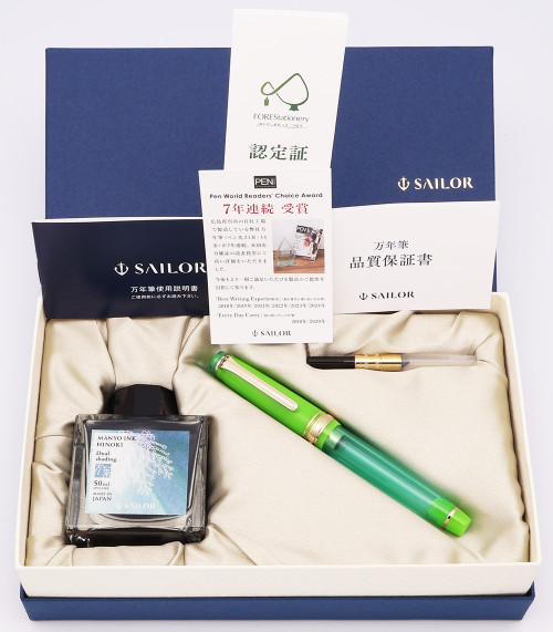 Sailor Pro Gear Slim "Grass" Manyo Fountain Pen - Green w Gold Trim, Hinoki Ink, C/C, Fine 14k Nib (New in Box)