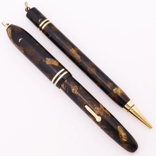 Conklin Endura Symetrik Ringtop Fountain Pen Pencil Set (1930s) - Black and Bronze, Lever Filler, Fine Toledo Nib (Excellent, Restored) Conklin Endura Symetrik Ringtop Fountain Pen Pencil Set (1930s) - Black and Bronze, Lever Filler, Fine Toledo Nib (Excellent, Restored)