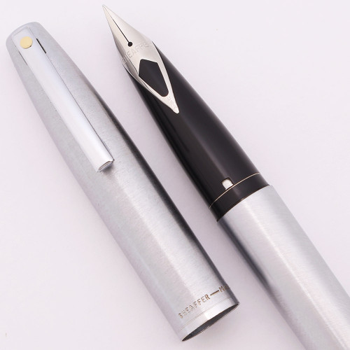 Sheafer Quasi-Imperial 444 Fountain Pen (1970s) - Brushed Steel w/Steel Trim, C/C,  Short Diamond Inlaid Nib (Very Nice, Refurbished)