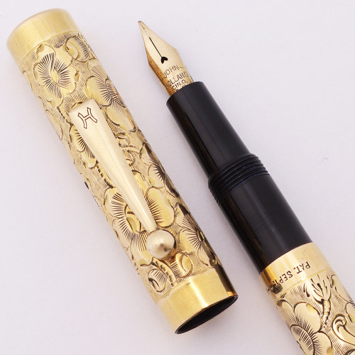 John Holland 72 Fountain Pen - GF Floral Overlay, Hatchet Filler, Flexible Medium Nib (Excellent +, Restored) John Holland 72 Fountain Pen - GF Floral Overlay, Hatchet Filler, Flexible Medium Nib (Excellent +, Restored)