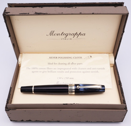Montegrappa Miya Fountain Pen - Dark Blue Swirl w Silver Trim, C/C, Medium Steel Nib (Excellent in Box, Works Well) Montegrappa Miya Fountain Pen - Dark Blue Swirl w Silver Trim, C/C, Medium Steel Nib (Excellent in Box, Works Well)