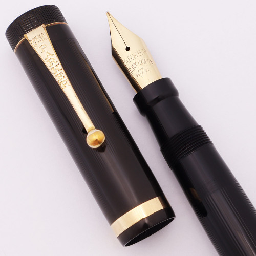 Parker Duofold Senior X Black Line Fountain Pen (1925) - Lined Black Hard Rubber, Single Raised Band, Button Filler, Parker 7X Flexible Lucky Curve Nib  (Excellent, Restored)