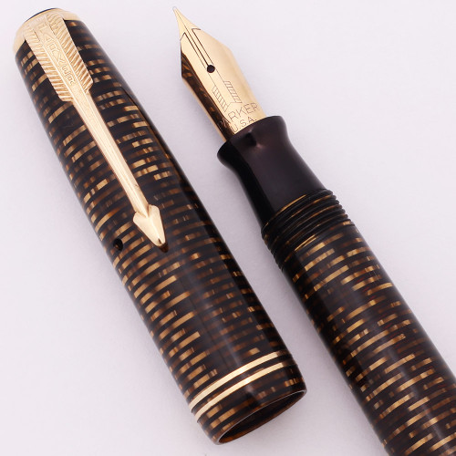 Parker Vacumatic Junior Fountain Pen (1942) - Brown Striated, Double Jewel, Fine Parker USA Nib (Excellent +, Restored) Parker Vacumatic Junior Fountain Pen (1942) - Brown Striated, Double Jewel, Fine Parker USA Nib (Excellent +, Restored)