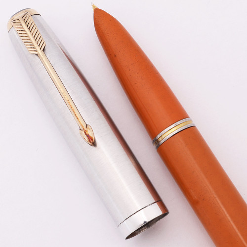 Parker 51 Kullock "Fantasy" Aerometric - Orange Ebonite, Lustraloy Cap and GT, Fine Gold Nib  (Excellent +, Works Well)