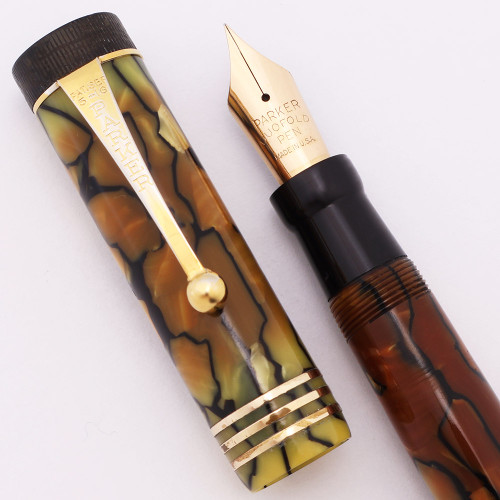 Parker Duofold Senior Deluxe Fountain Pen  (1930s) - Black & Pearl Moderne, Button Filler,  Fine Gold Duofold  Nib (Excellent, Restored)