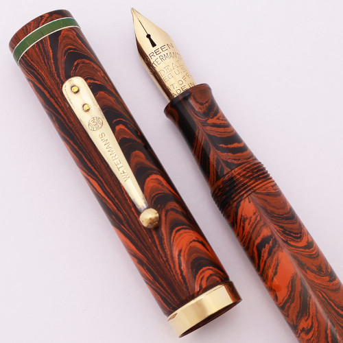 Waterman 7 Colorband Fountain Pen - Red Ripple, Lever Filler, Medium "Green" Rigid Nib (Excellent +, Restored)