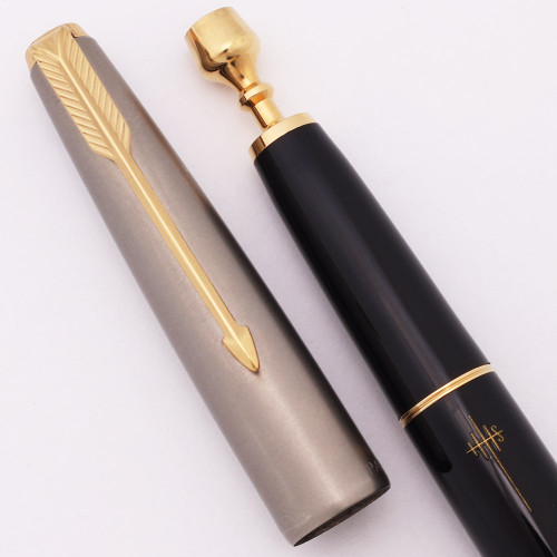 Parker Holy Water Sprinkler (Aspergillum) - Black w Brushed Steel Cap, Gold Trim, VP-Style Filling System (Superior, Works Well)