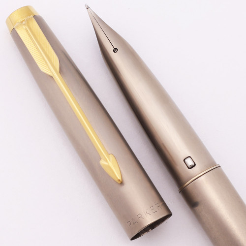 Parker T1 Fountain Pen (Hard to Find) - Brushed Titanium w/GP Trim, C/C,  Medium Ti Nib (Excellent, Works Well)