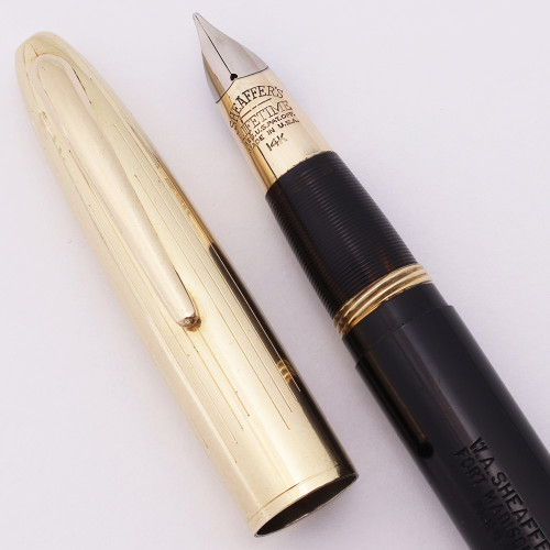 Sheaffer Triumph Crest Deluxe 1750 Fountain Pen (1940s) - Black with Gold Cap, Lever Fill, Fine 14k Lifetime Nib (Excellent, Restored)