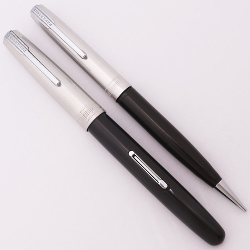 Waterman Corinth Fountain Pen and Pencil Set (1941) - Grey w "Astralite" Lined Cap,  Lever Filler, Fine Taperite Nib (Excellent,  Restored)