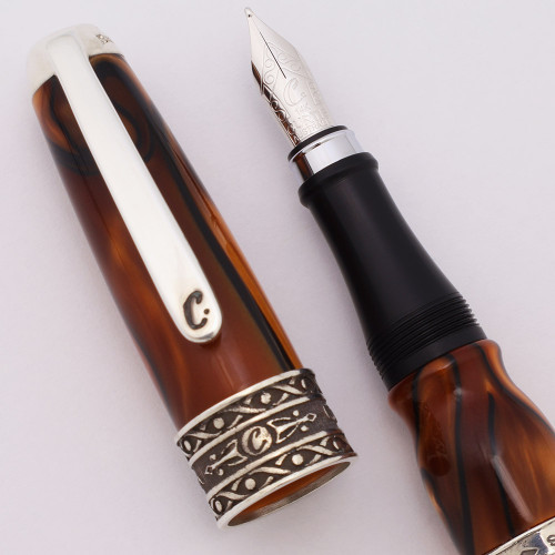 Curtis Australia Luxury "Darfur" Fountain Pen - Amber Resin w Sterling Trim, Medium 14k Nib  (New Old Stock)