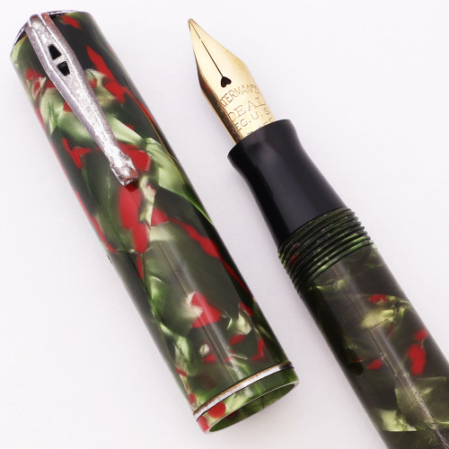 Waterman 3V Fountain Pen - Green w Red Flecks, CT, Medium-Fine Flexible Nib (Very Nice, Restored)