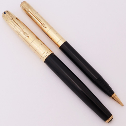 Parker 51 Vacumatic Fountain Pen and Pencil Set (1946) - Black w Gold Filled "Windowpane" Caps , Double Jewel, Fine Nib (Excellent + in Box, Restored)