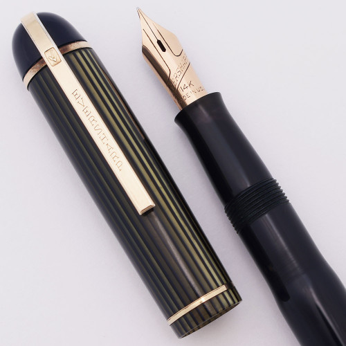Eversharp Skyline Fountain Pen (1940s) - Dark Blue w Striped Cap and GT, Lever Filler, Fine Manifold 14k Nib (Excellent, Restored)