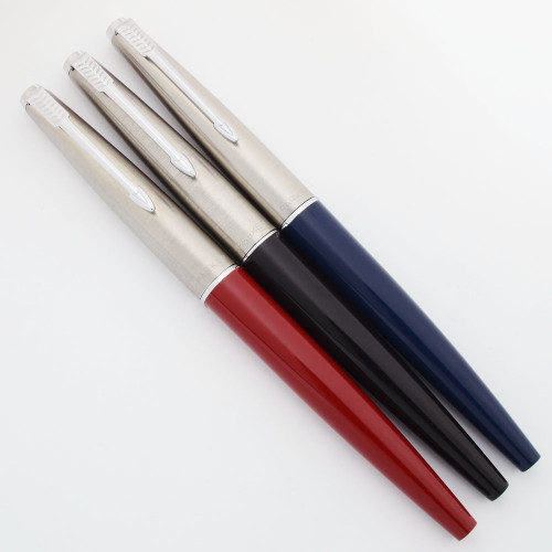 Parker 45 Classic Fountain Pens - Colored Barrel, Brushed Steel Cap, Fine & Medium Steel Nibs (Excellent +, Works Well)
