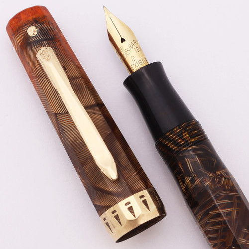 Wahl Doric II Junior Fountain Pen (1930s) - Brown Hatch, Vac-Fil, Flexible Extra- Fine Wahl Eversharp #2 18k Nib (Excellent, Restored)