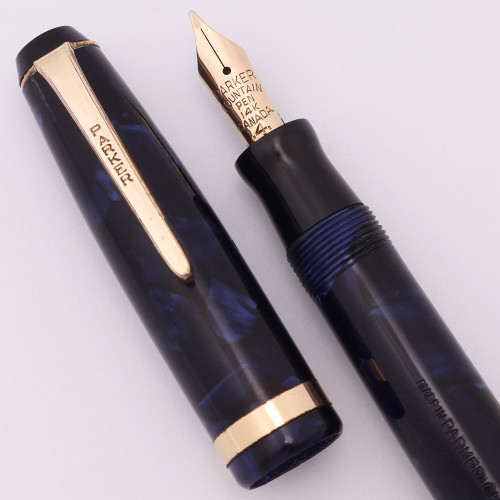 Parker Challenger Fountain Pen (1937, Canada) - Blue Marble, GT, Button Filler, Fine 14K Nib (Very Nice, Restored)