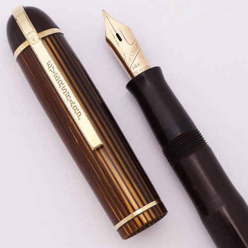 Eversharp Skyline Fountain Pen (1940s) - Brown w Striped Cap, Lever Filler,  Fine 14k Manifold Nib (Excellent, Restored)