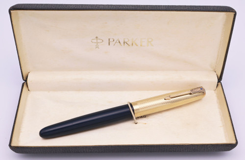 Parker 51 Vacumatic (1946) - Cedar Blue, GF Parallel Lines Cap, Blue Diamond Clip, Fine Gold Nib (Excellent + in Box, Restored)