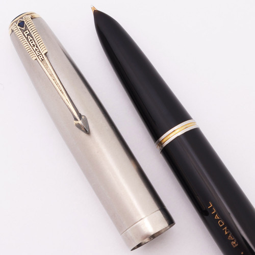 Parker 51 Vacumatic Fountain Pen (1946) - Black w Lustraloy Cap, Gold Trim,  Medium-Fine Nib (Excellent, Restored)