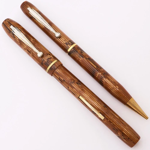 Waterman Skywriter  Fountain Pen Set (1937) - Orange/Brown Striated, Lever Filler, Medium Flexible  Nib (Excellent, Restored)