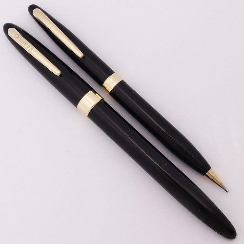 Sheaffer Admiral Snorkel Fountain Pen & Pencil Set - Black, Fine 14k Open Nib (Excellent, Restored)