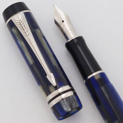 Parker Duofold International SE Fountain Pen (2001) - Blue Mosaic w/Platinum Coated Trim, C/C, 18k Medium (Excellent +, Works Well)